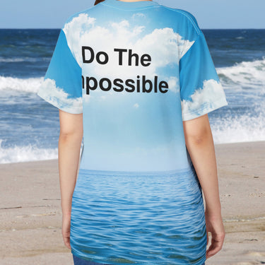 Soft, breathable activewear shirt with “Impossible Woman” design, message “The Impossible Is Possible with God,” spiritual shirt for women walking without limitations, back of shirt displaying,